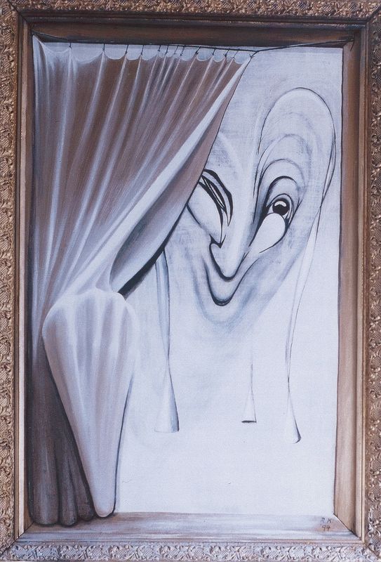 Eulenspiegel-Hinter-dem-Vorhang, Öl auf Leinwand 80x60 cm Eulenspiegel-Hinter-dem-Vorhang
